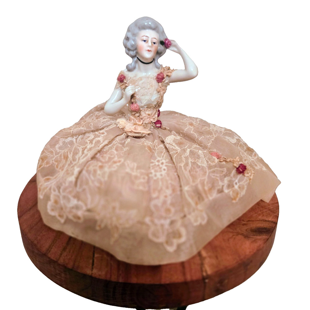 Vintage Dresden Lace Porcelain German Half Doll Pincushion Figurine